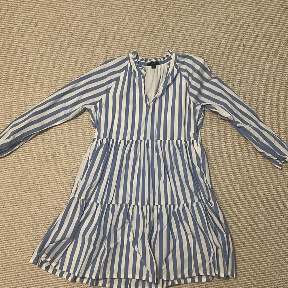J. Crew Blue and White Striped Long Sleeve Tiered Dress